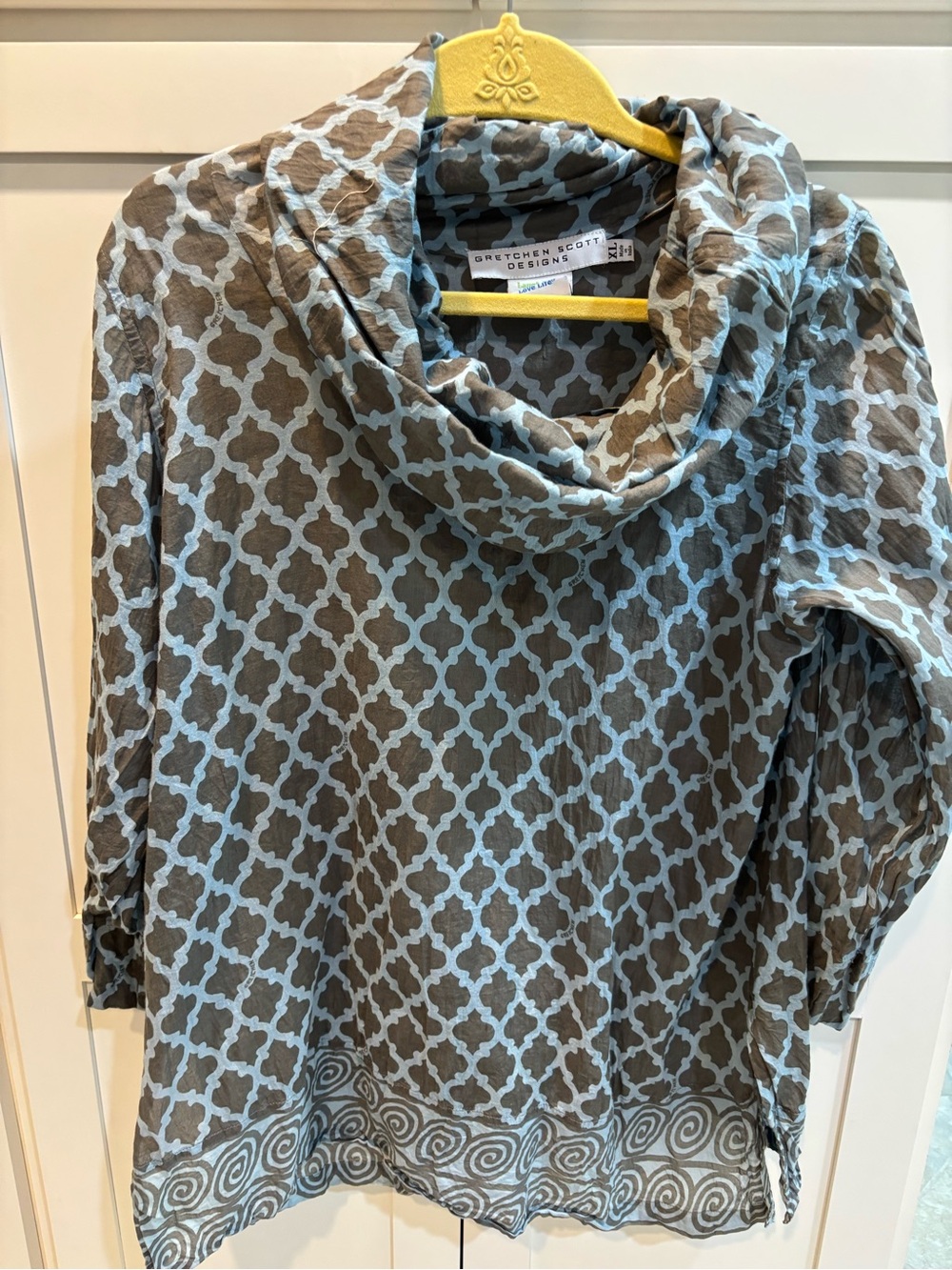 Gretchen Scott Designs Gray with Light Blue Trellis Cowl Neck Top